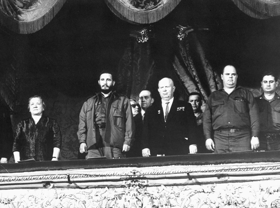 Fidel Castro, Nikita Khrushchev and Emilio Aragonés Navarro in the central box of the Bolshoi Theater