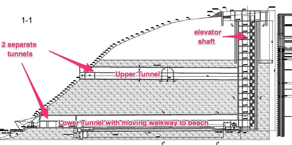 A cross-section of the hillside shows two tunnels connected by an elevator, at right.