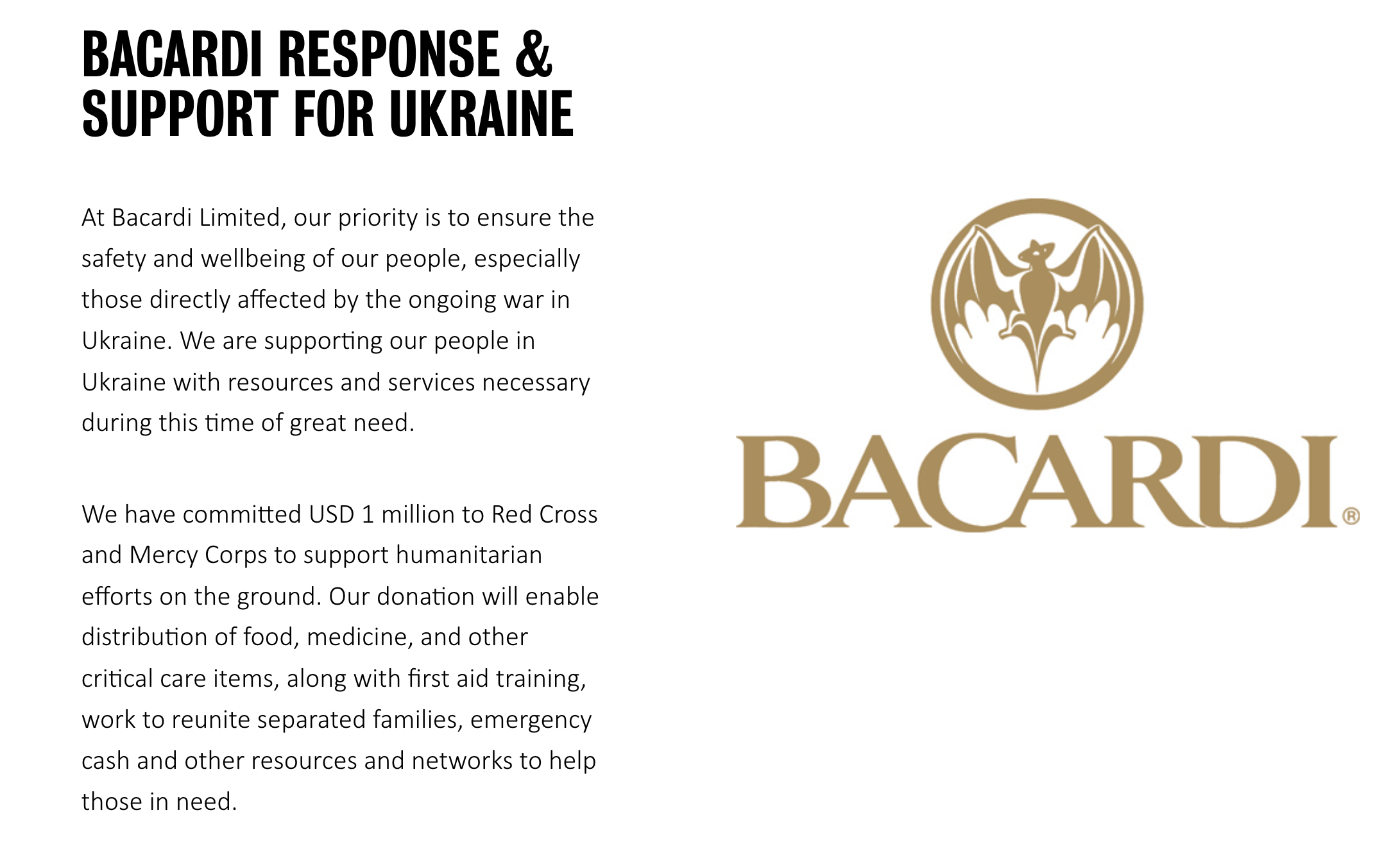 Bacardi's edited press release (accessed on June 28, 2023). The last sentence – “In addition, we paused exports to Russia and froze advertising investments in the market” – is notably missing.