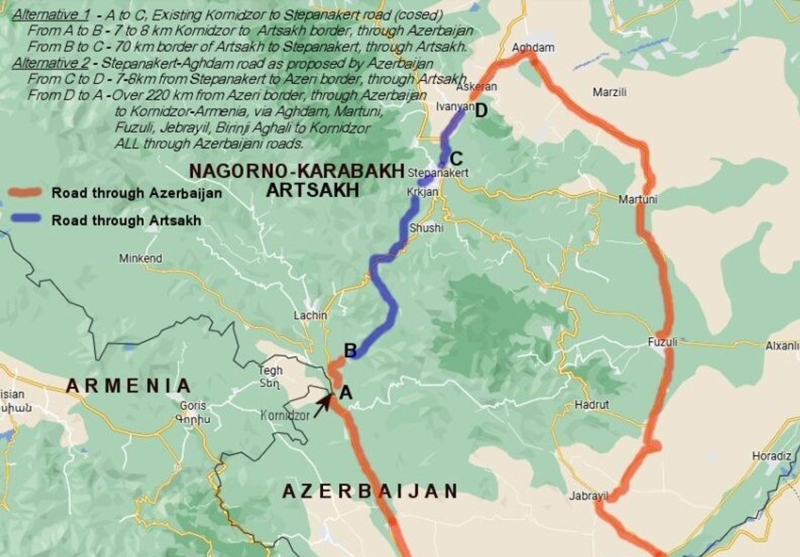 The road from Aghdam to Stepanakert, blocked in the vicinity of Askeran