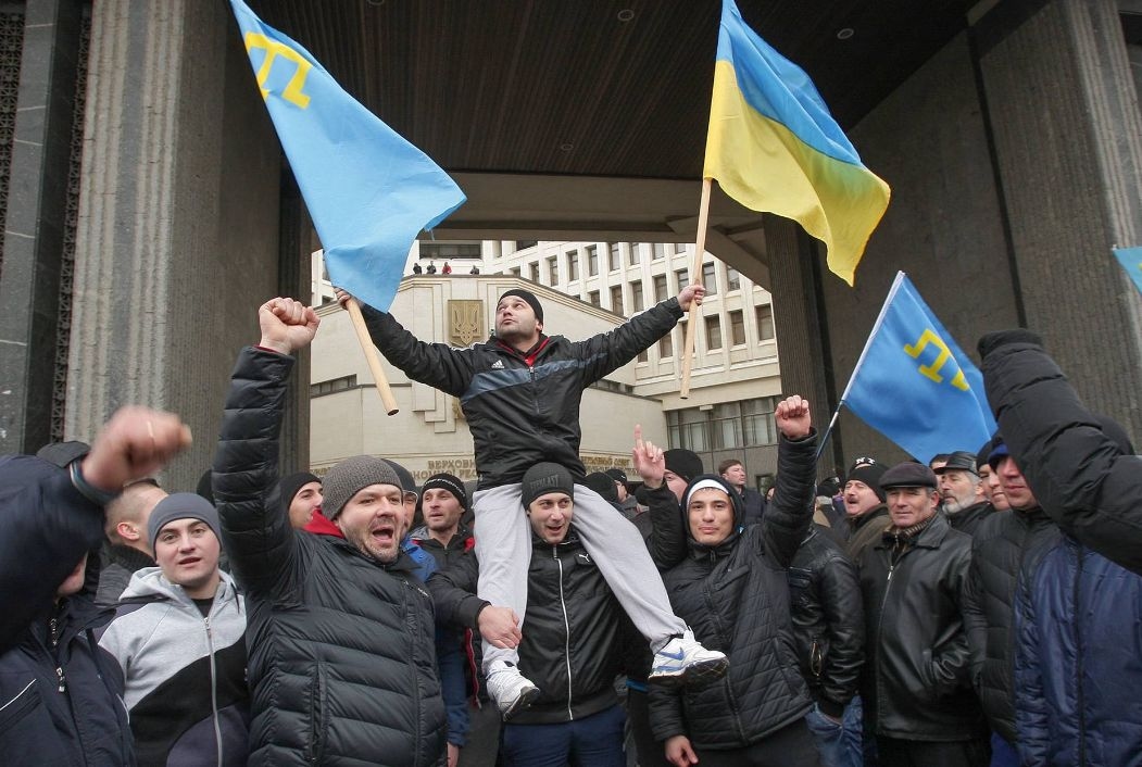 Crimean Tatars outside the Crimean Supreme Council, February 26, 2014.  