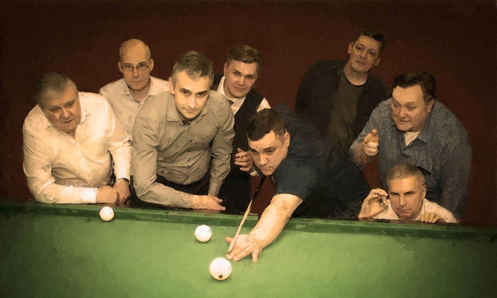 The photo mimics a scene from the Soviet-era film “The Elusive Avengers.” Komkov (holding a pool cue) poses as a staff captain in the anti-Bolshevik army commanded by Pyotr Wrangel