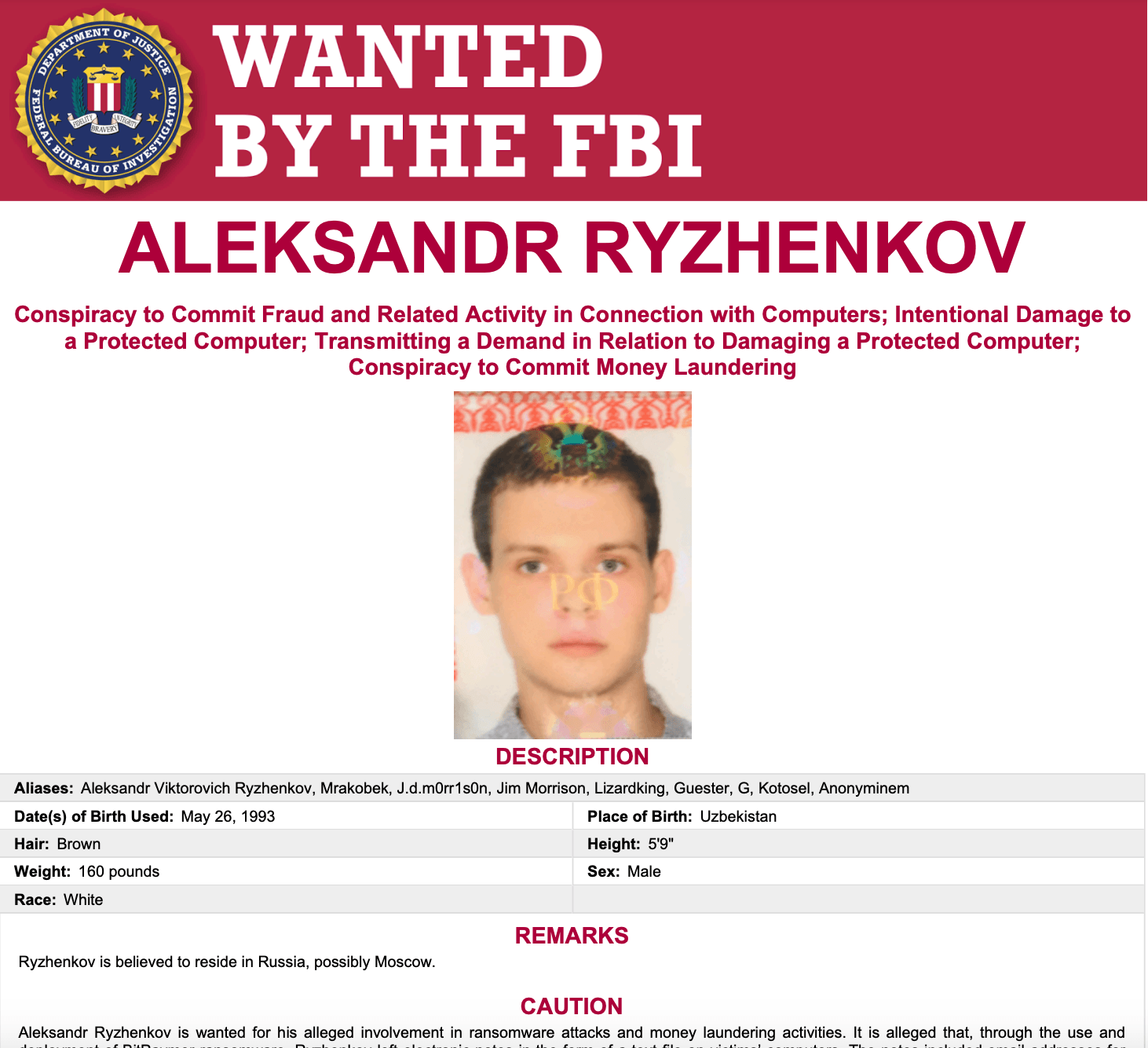 The FBI's wanted poster for Aleksandr Ryzhenkov.