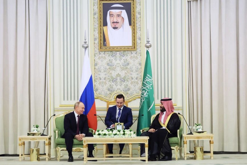 Russian President Vladimir Putin and Saudi Arabia's Crown Prince Mohammed bin Salman at a meeting in Riyadh, Saudi Arabia, on Dec. 6, 2023.