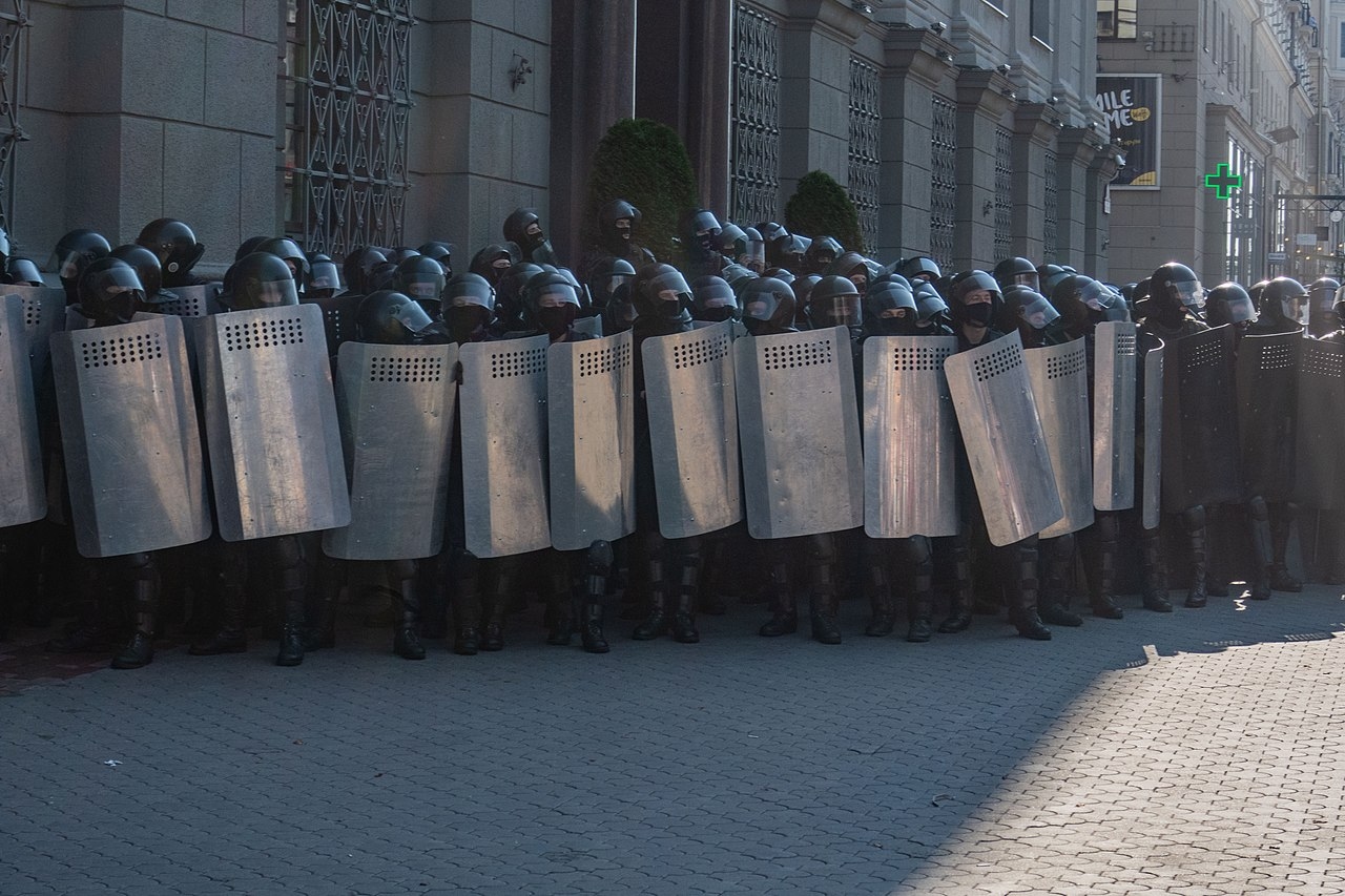 Police in riot gear at a protest rally against Lukashenko on Aug. 30, 2020, in Minsk, Belarus.