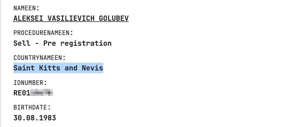 Data confirming Alexei Golubev's ownership of the apartment.