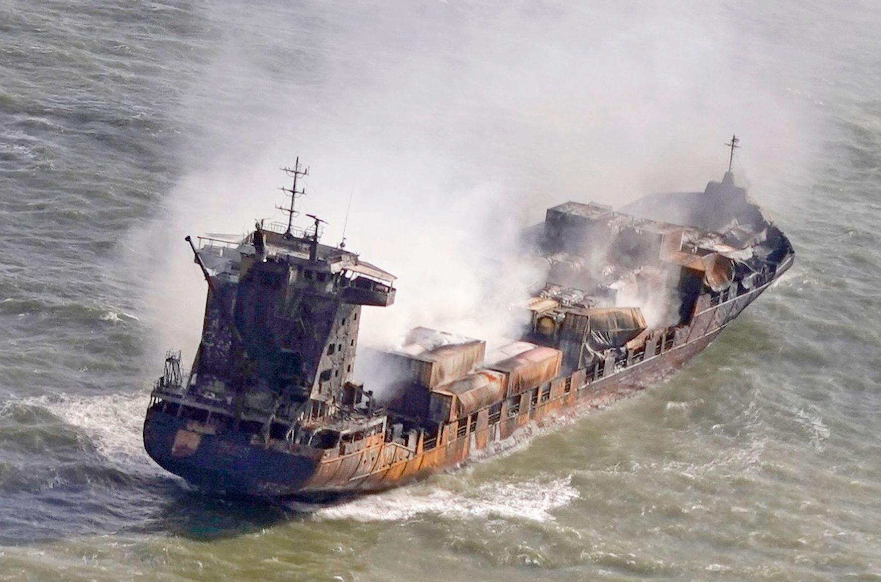 The Solong container ship pictured after the collision.