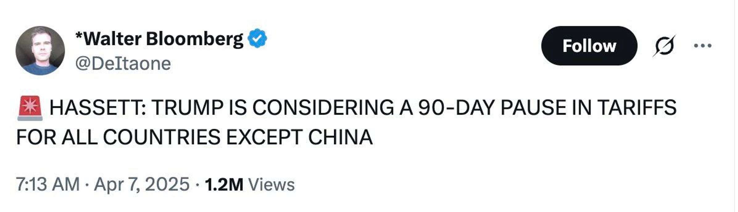 The post on the Walter Bloomberg account (now deleted). The time in the screenshot corresponds to the Pacific Time Zone (Los Angeles, Seattle)