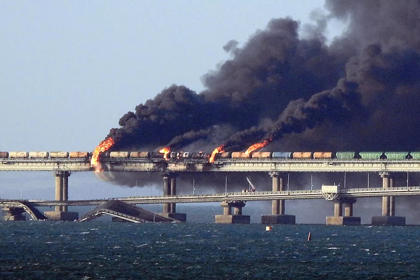 The aftermath of the explosion on the Kerch Strait Bridge in October 2022. 