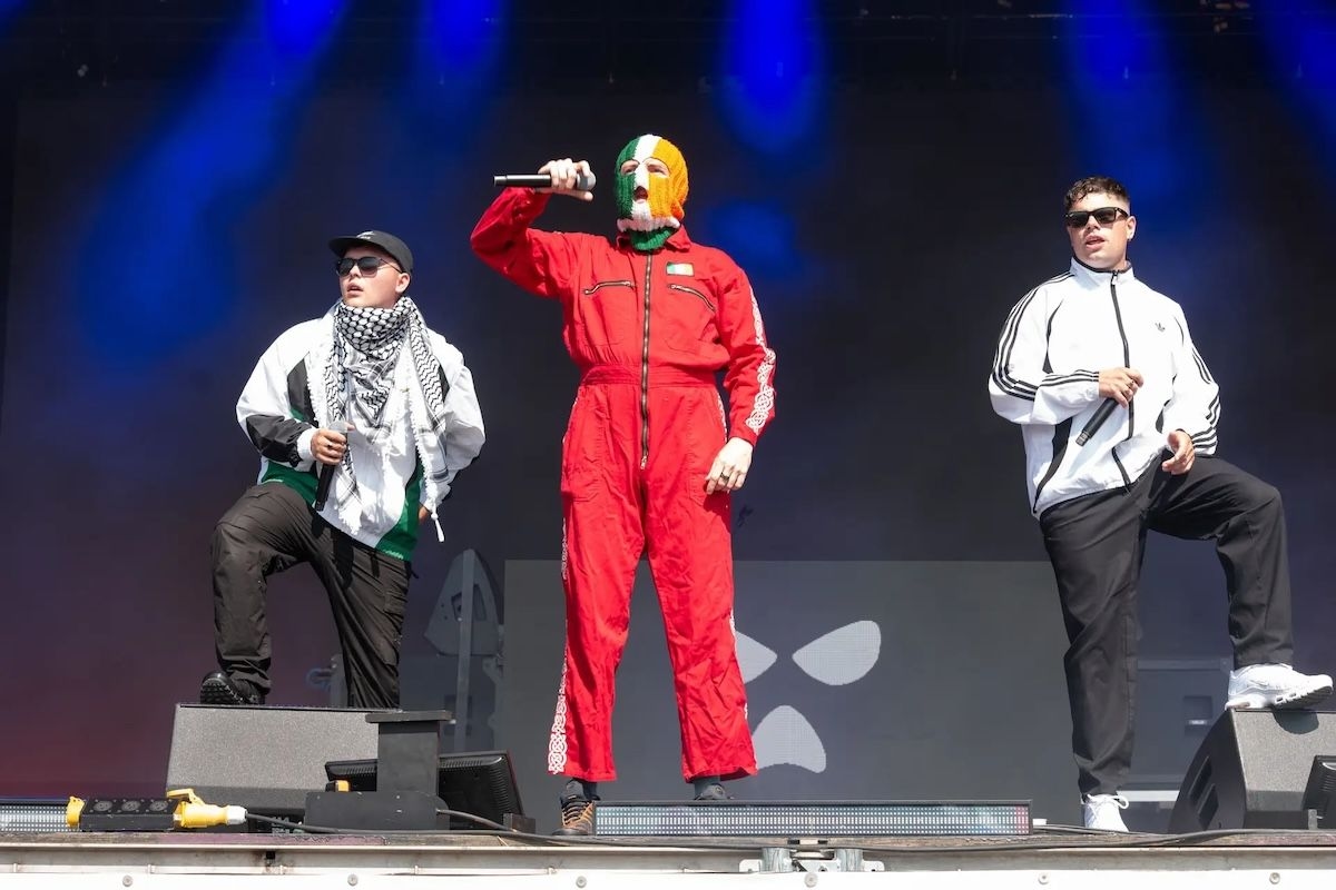 Kneecap performing at Glastonbury Festival in 2025.