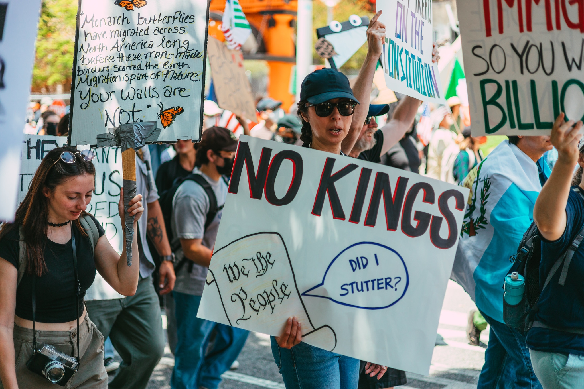 Protesters march in Downtown Los Angeles for the "No Kings" protest on June 14, 2025. 