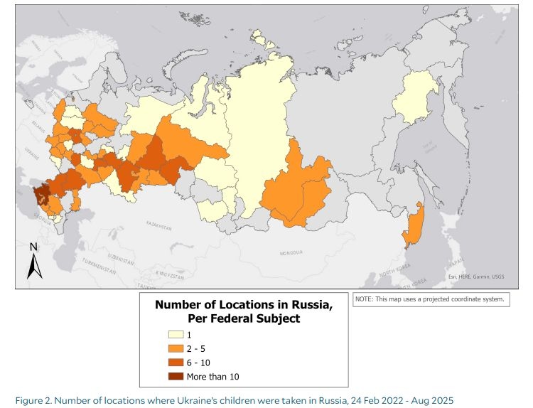 Number of locations where Ukraine’s children were taken in Russia from Feb. 24, 2022, to Aug. 2025