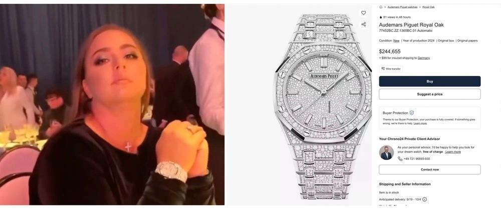 Anna Krasnova photographed at singer Nikolai Baskov’s birthday party wearing what appeared to be an Audemars Piguet watch that retails for $244,655. 