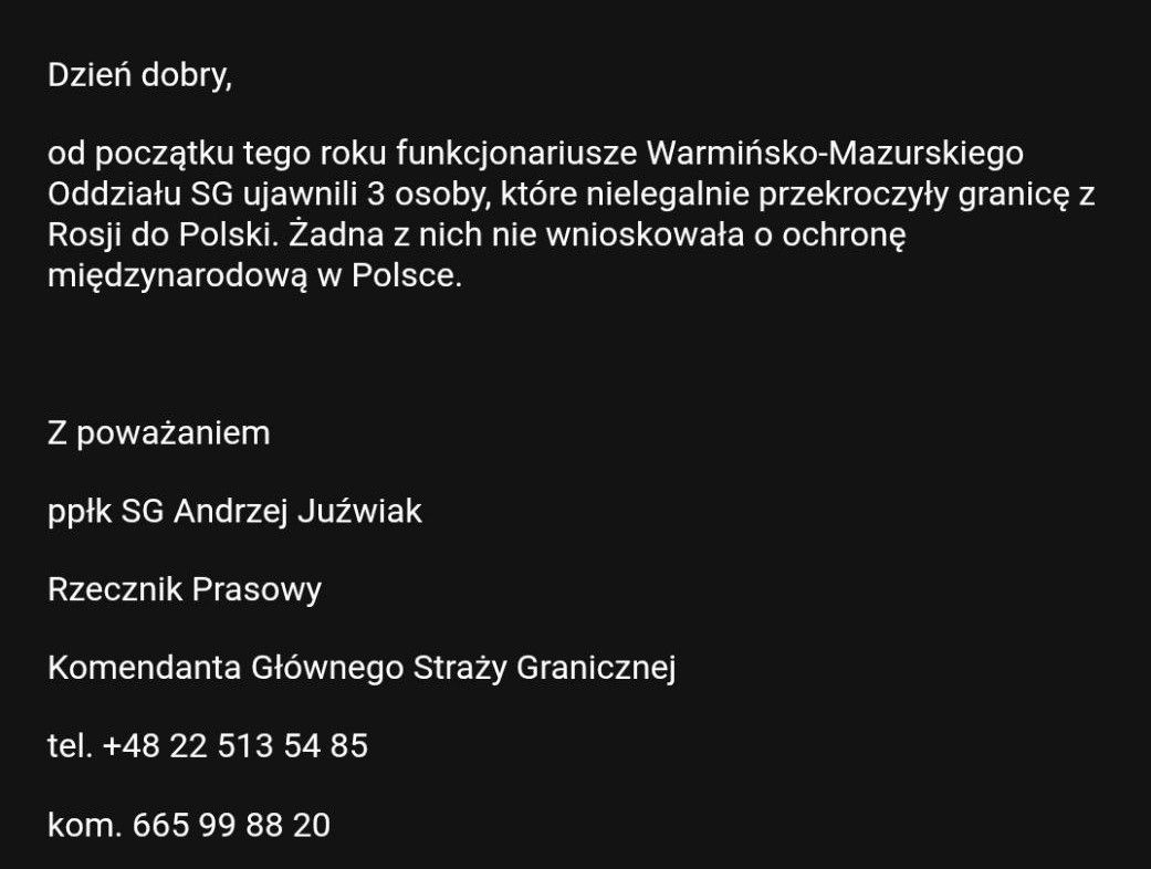 Screenshot of a letter from Lt. Col. Andrzej Juźwiak, spokesperson for the commandant of the Polish Border Guard Headquarters