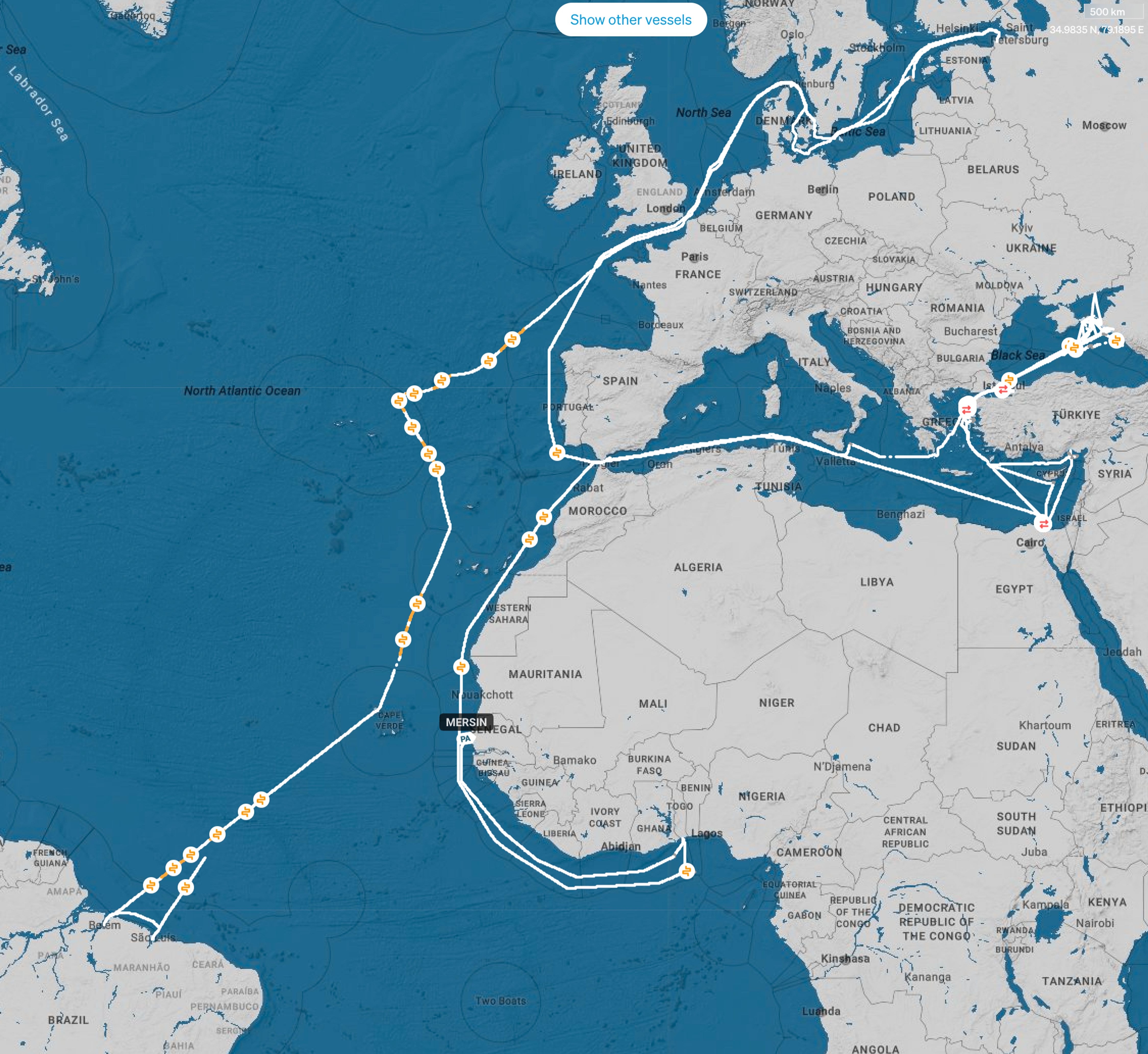 Movements of the tanker MERSIN since January 2025