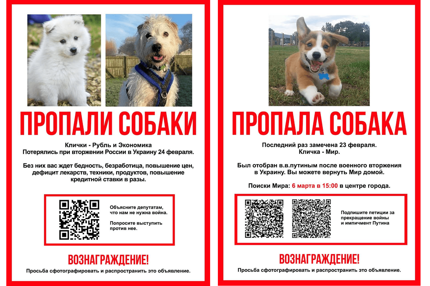 “Dogs missing. Ruble and Economy. Last seen on February 24, when Putin invaded Ukraine. Without them, you get poverty, unemployment, soaring prices, shortages of drugs, electronics, food, and manifold increases of interest rates. Tell your deputy you don’t need war. Ask them to oppose it. Reward guaranteed! Please spread the word.” “Dog missing. Answers to the name of ‘Peace’. Last seen on February 23. Putin took him away when his troops invaded Ukraine. You can bring Peace back home. Looking for Peace: March 6, 15:00, city center. Sign the petitions to stop the war and impeach Vladimir Putin. Reward guaranteed! Please spread the word.”