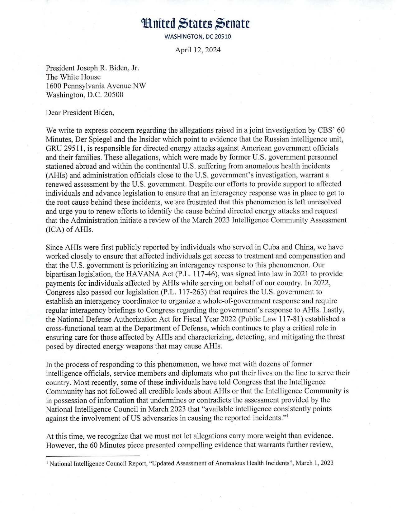 A copy of the letter sent by a group of senators to U.S. President Joe Biden on April 12, 2024