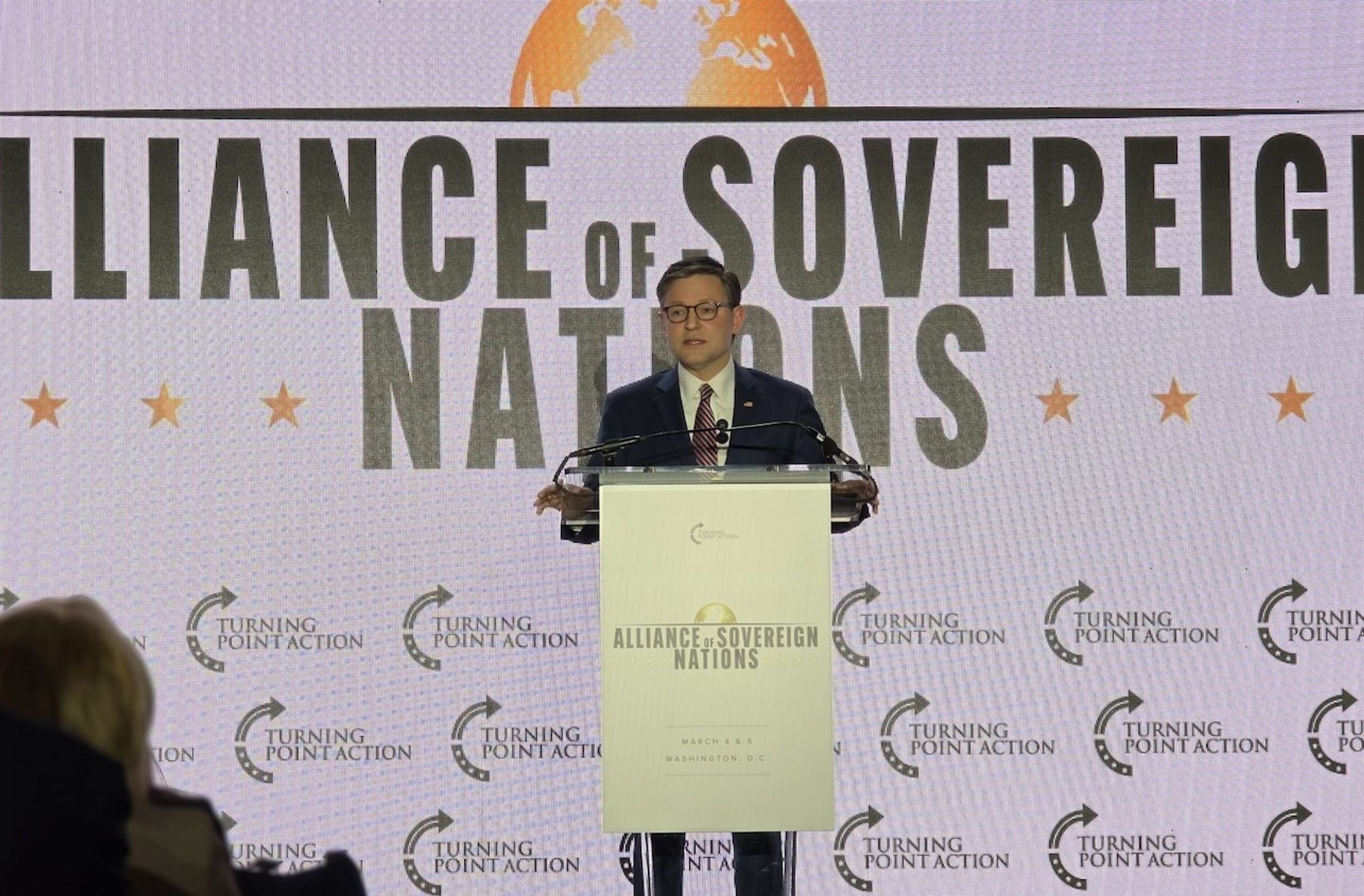 U.S. House Speaker Mike Johnson speaks at the Alliance of Sovereign Nations conference