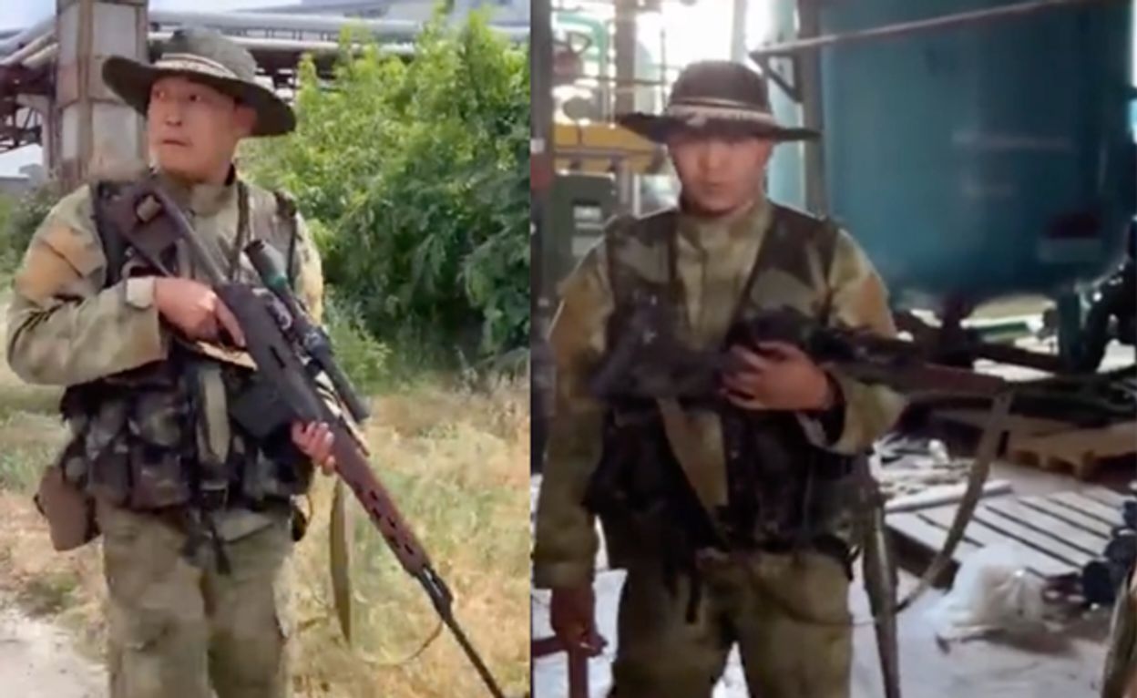 Two screenshots from a video report published by RT of “Akhmat” fighters at the Azot plant in Severodonetsk