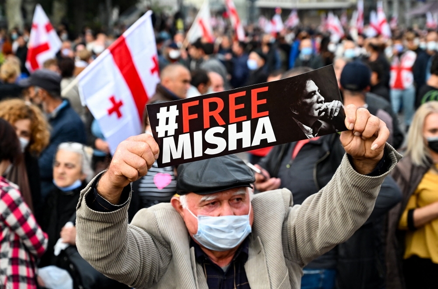 Georgians gather in Tbilisi, Georgia, on October 14, 2021, to demand the release of imprisoned former president and opposition leader Mikheil Saakashvili. Photo: Vano Shlamov/AFP/Getty Images