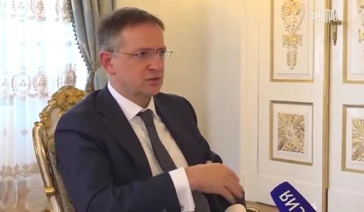 Vladimir Medinsky during an interview with Russian state TV broadcaster VGTRK. 