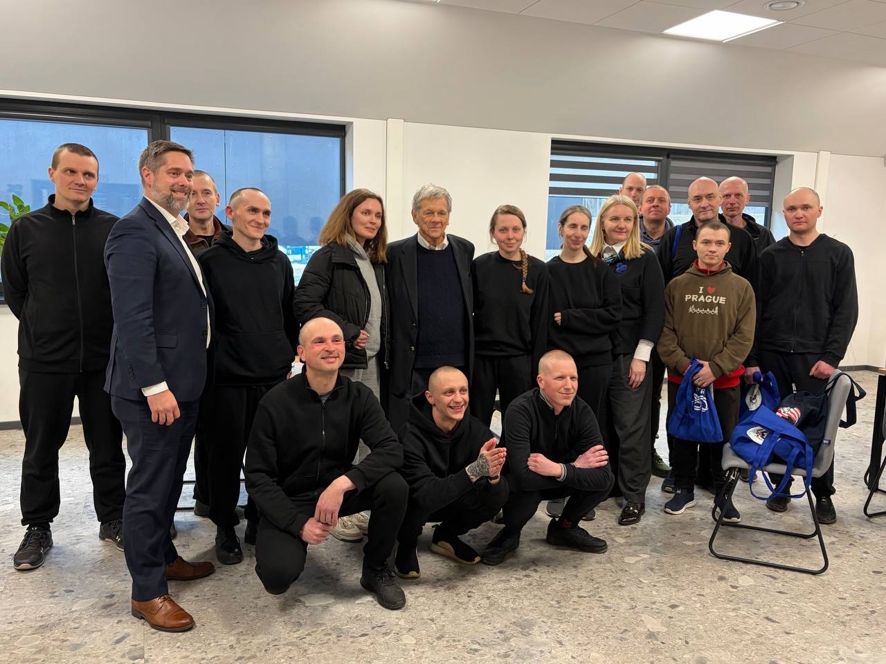 A group of former Belarusian political prisoners pose after their release on March 19, 2026. Photo: Human Rights Center Viasna 