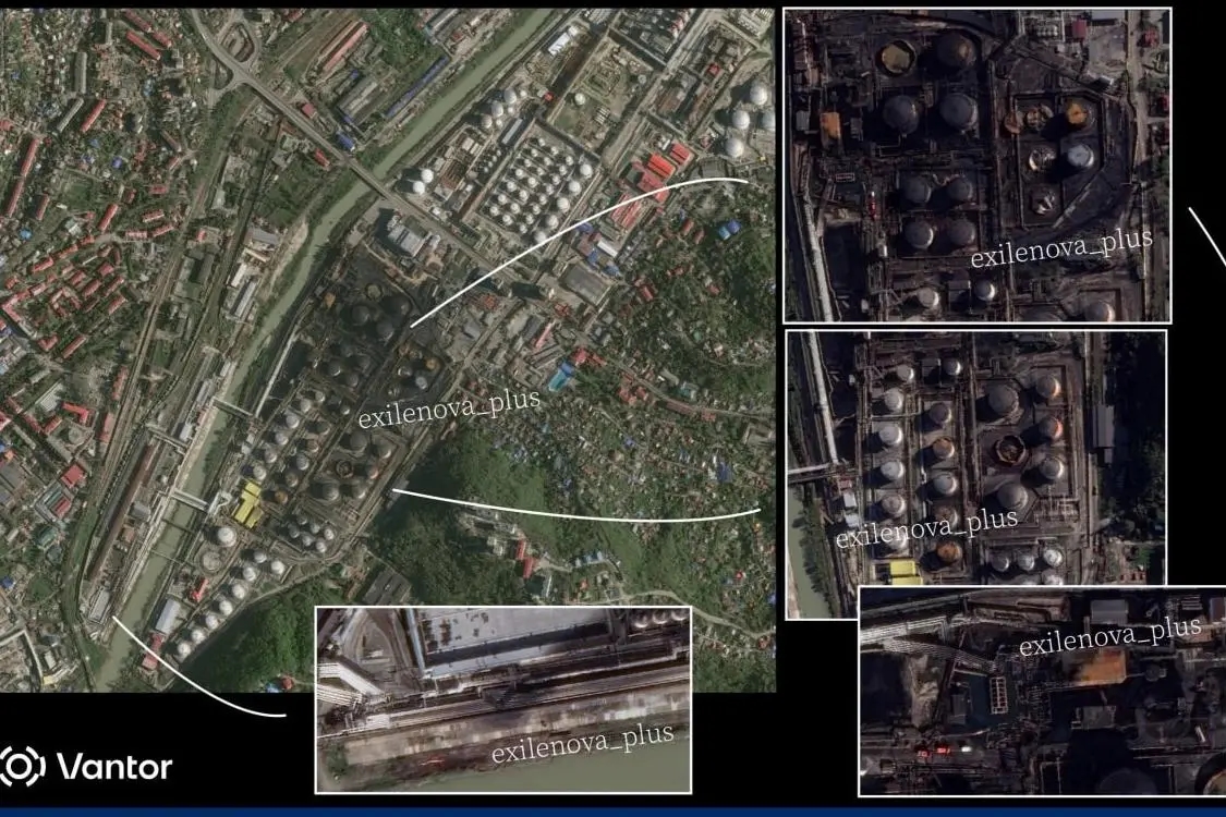 A map of the oil storage facilities in Tuapse showing the aftermath of the drone strke. Image: Vantor, Exilenova+