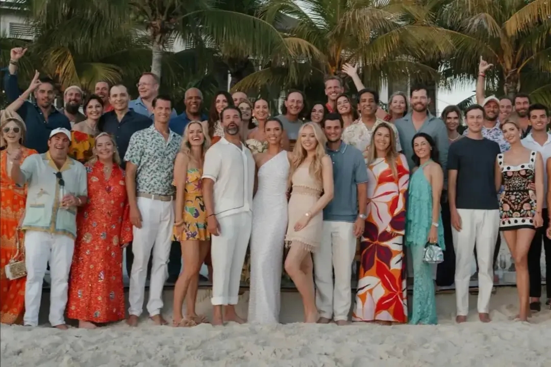 A group photo from Donald Trump Jr.’s wedding, held on a private island in the Bahamas in May 2026. Source: Little Pipe Cay / Lux Hospitality Bahamas; Laura Gordon Photography via Instagram; Laura Gordon Photography