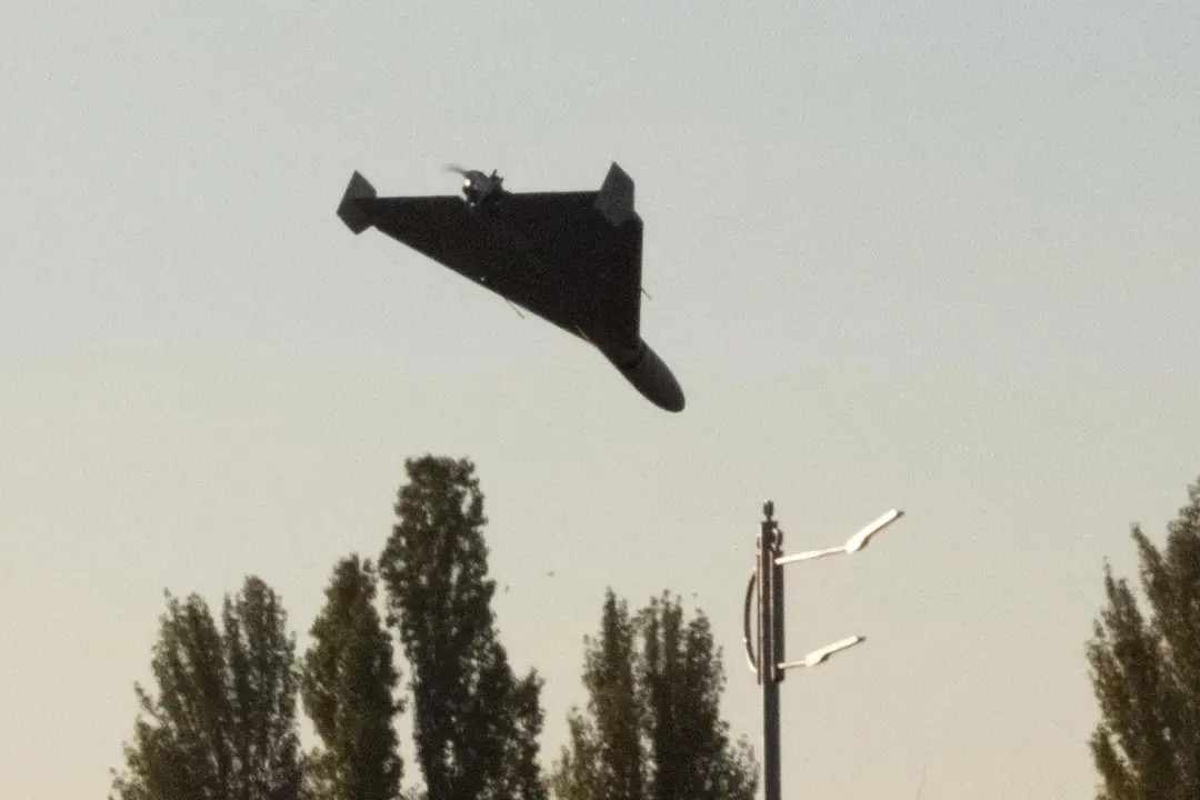 An Iranian-designed Shahed-136 kamikaze drone in flight. Photo: Getty Images