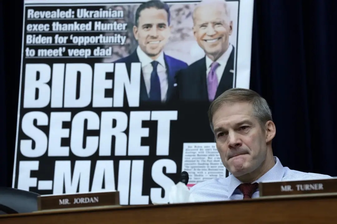 U.S. Rep. Jim Jordan, R-Ohio, listens at a House Oversight Committee hearing in Washington on Feb. 8, 2023, with a New York Post front page about Hunter Biden’s emails behind him. Photo: Alex Wong / Getty Images