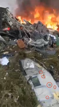Traces of what is believed to be air defense missile fragments on the wreckage of Prigozhin's jet