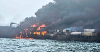A massive fire erupted after the collision between the container ship Solong and the tanker Stena Immaculate.