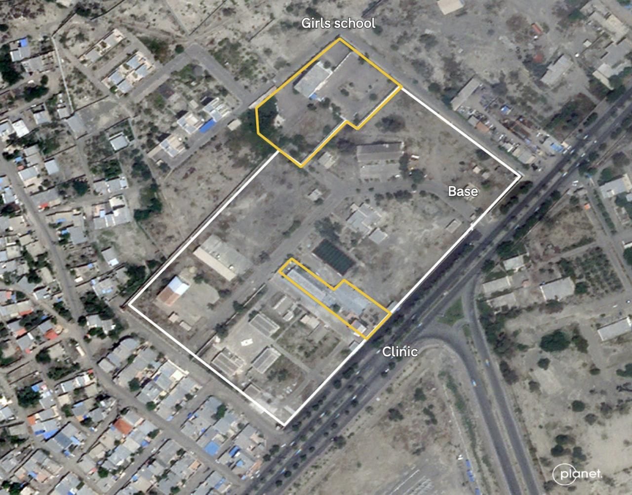 Satellite image of the IRGC base premises and the school before the strike