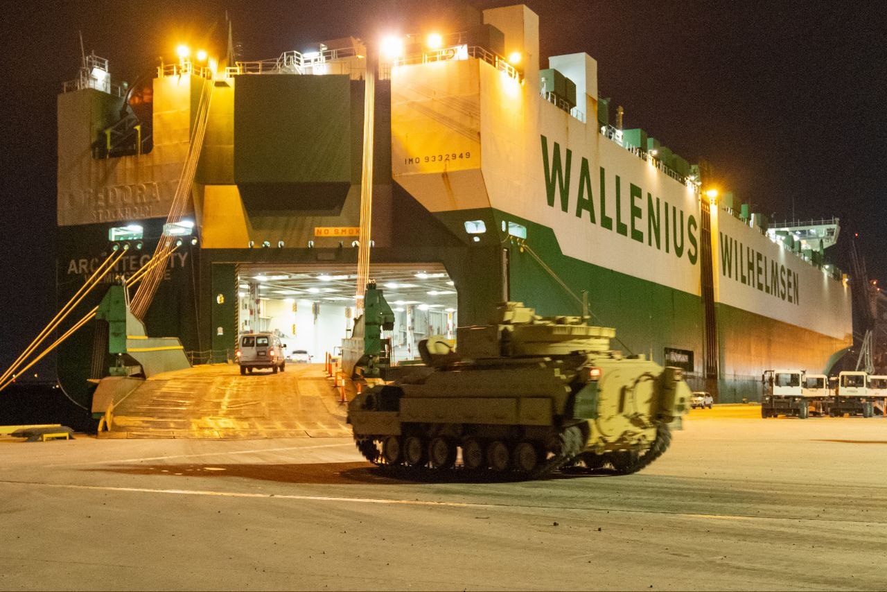 A Bradley IFV is loaded onto a ship at the port in North Charleston, South Carolina, on January 25, 2023