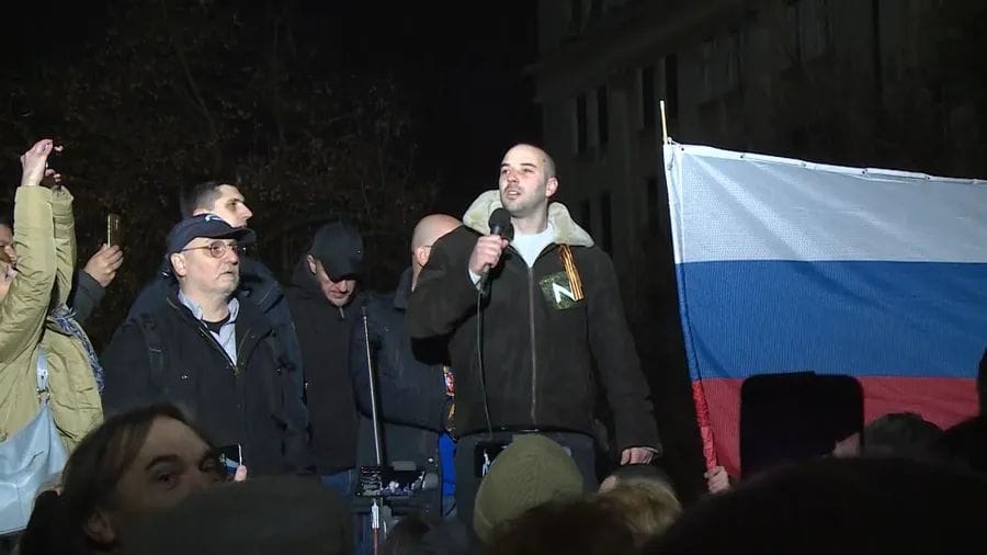 Damjan Knežević at a rally in support of Russia, Belgrade, March 2022