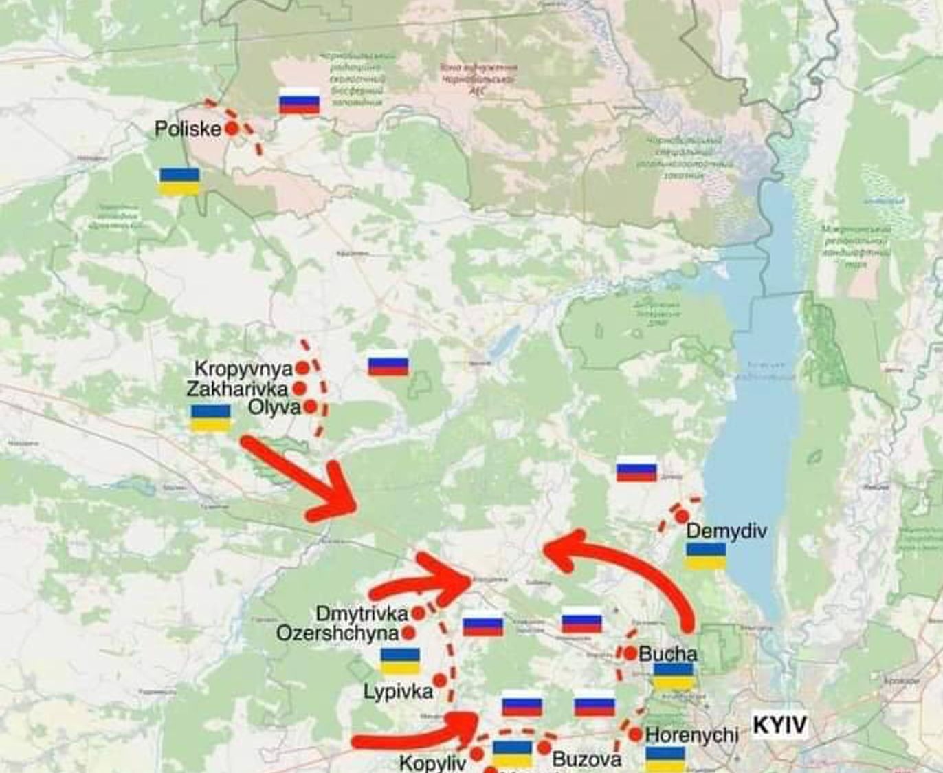 Approximate map of hostilities outside Kyiv