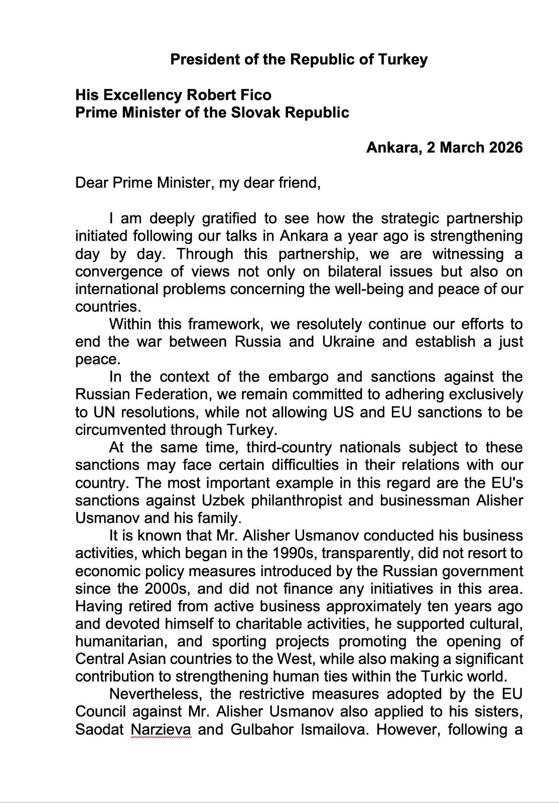 Erdogan's letter to Slovak Prime Minister Robert Fico