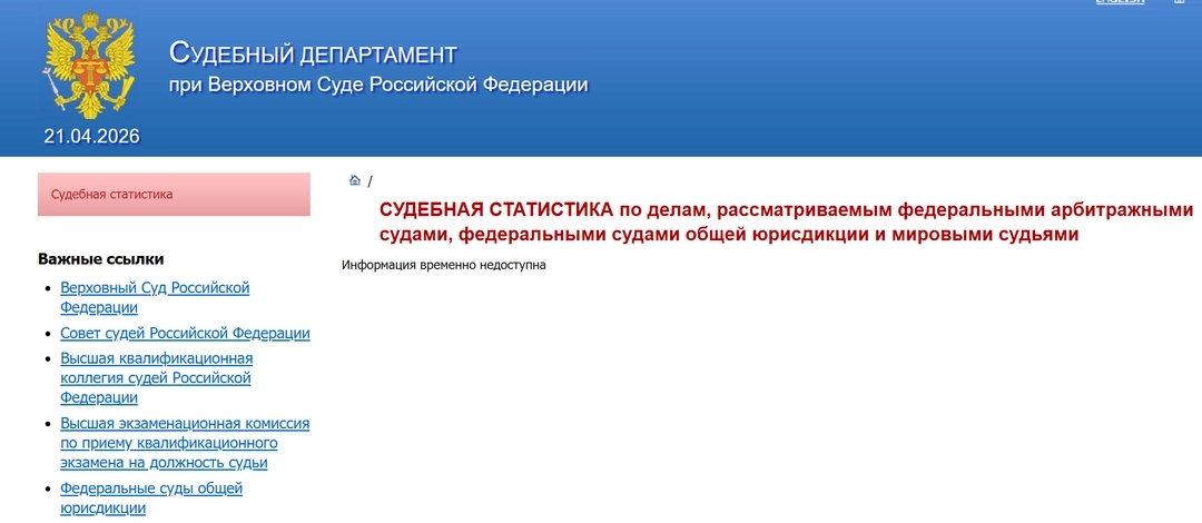 A notice on the judicial statistics section of the website of the Judicial Department of Russia’s Supreme Court reads “information temporarily unavailable.”