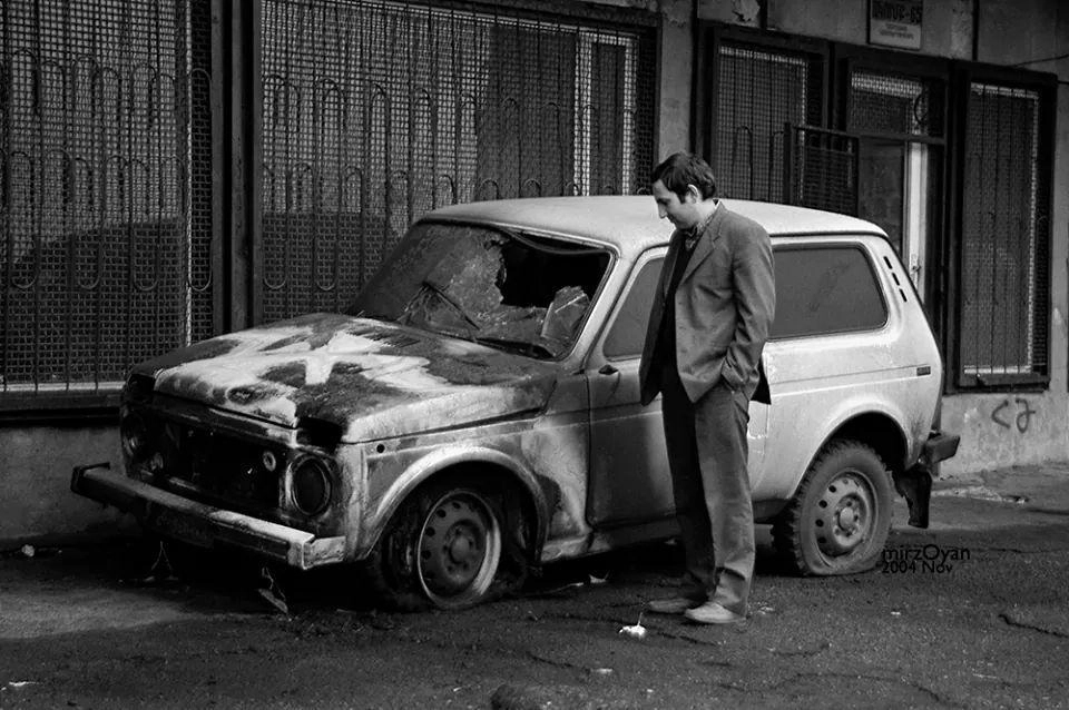 The aftermath of the explosion involving Nikol Pashinyan's car