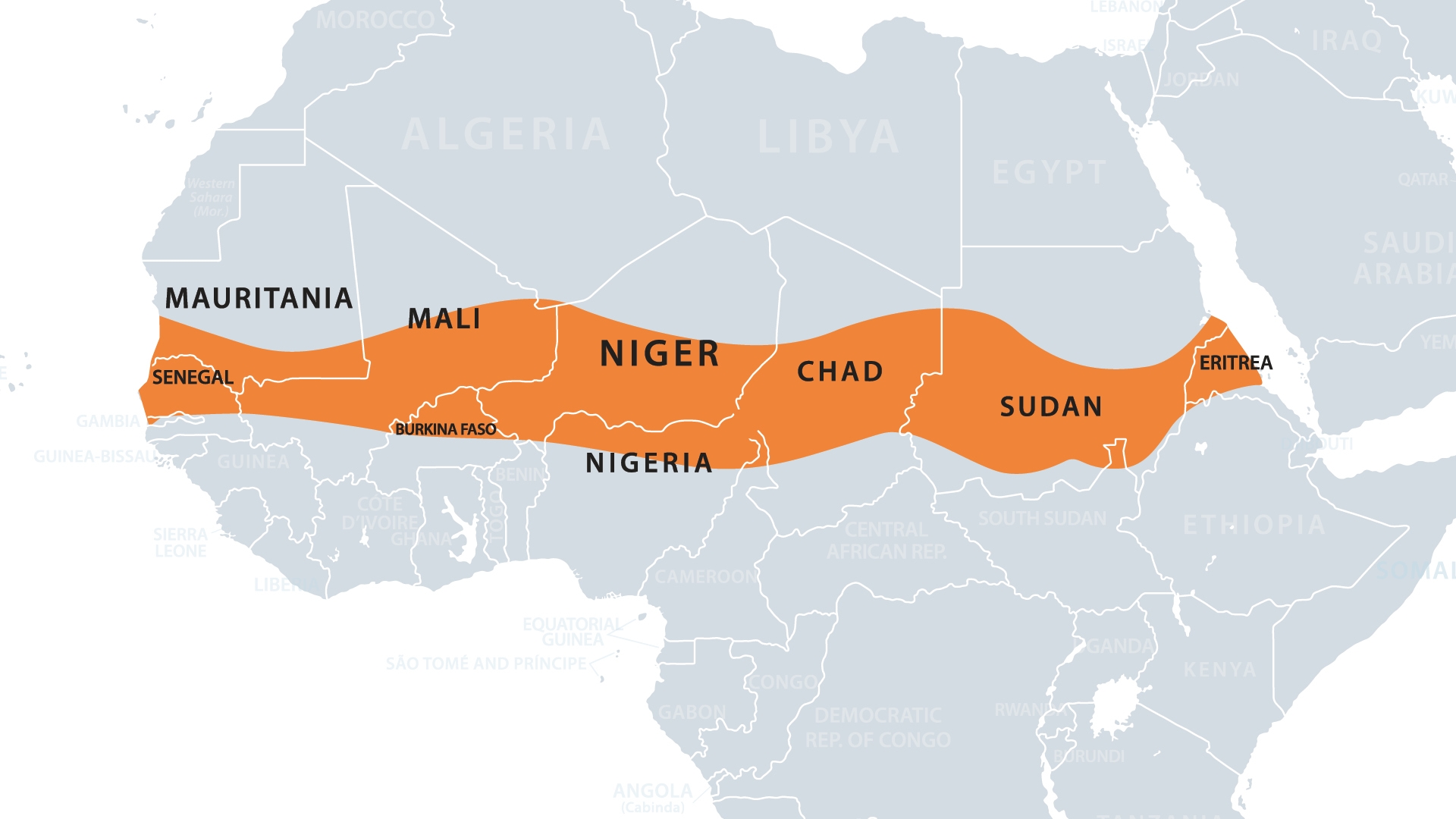 The Sahel is a broad semi-arid belt of Africa south of the Sahara Desert, stretching roughly from the Atlantic Ocean to the Red Sea. The name comes from the Arabic word for “shore” or “coast,” referring to the Sahel as the “shore” of the Sahara.
