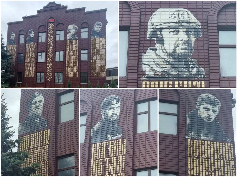 Former Grace church building occupied by the “Ministry of Culture of the Zaporizhzhia Region.” Murals on the wall depict Vladlen Tatarsky, Mikhail “Givi” Tolstykh, Arsen “Motorola” Pavlov, and Vladimir “Vokha” Zhoga