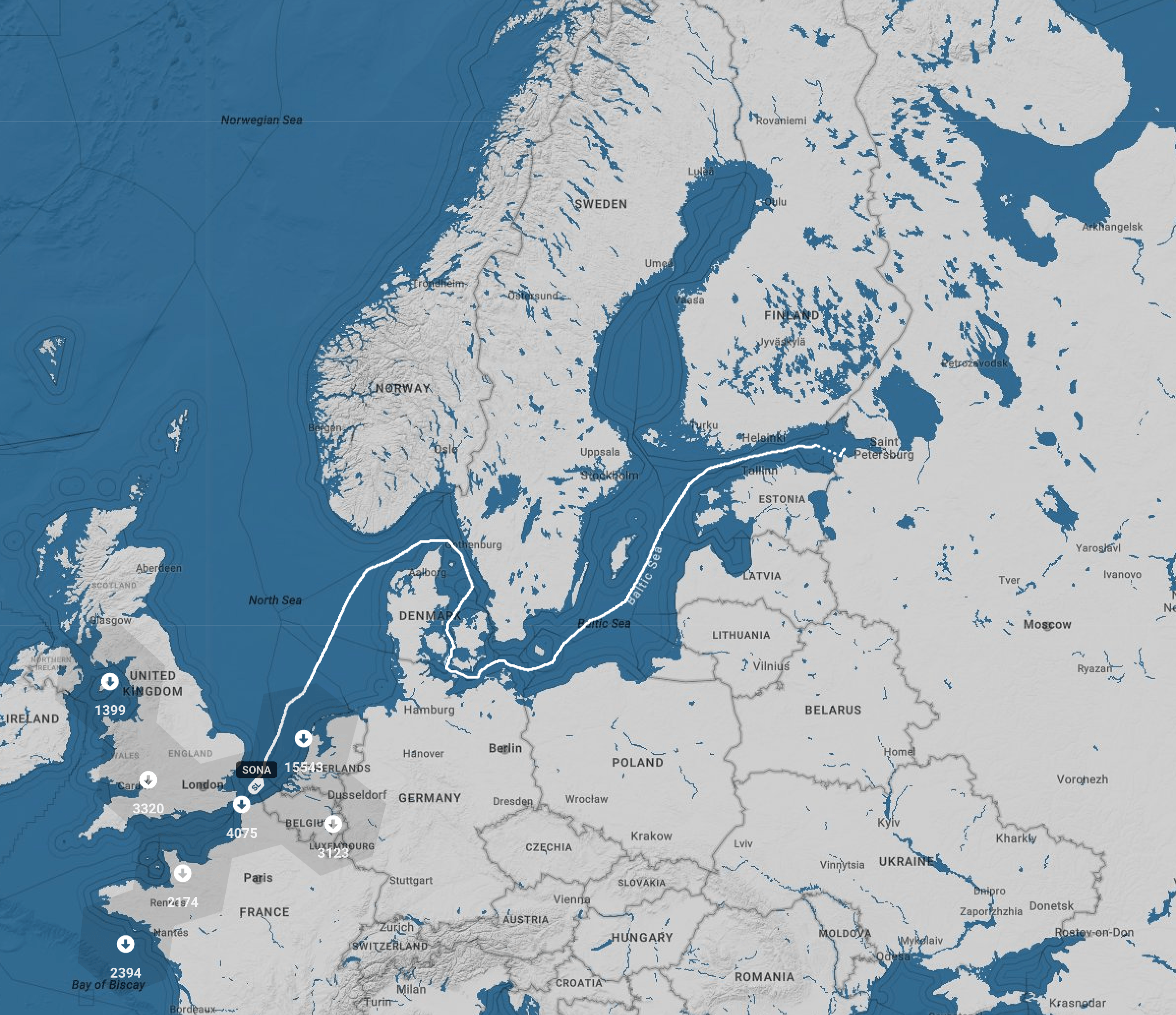 The Sierra Leone-flagged SONA’s route from the Gulf of Finland to the English Channel as of June 14, 2026