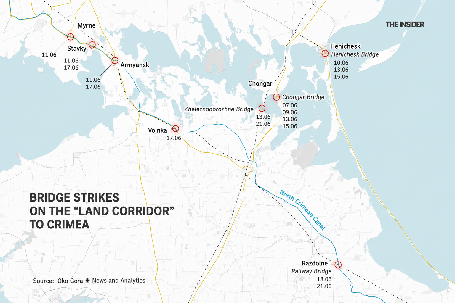 Strikes on bridges along the “land corridor” to Crimea