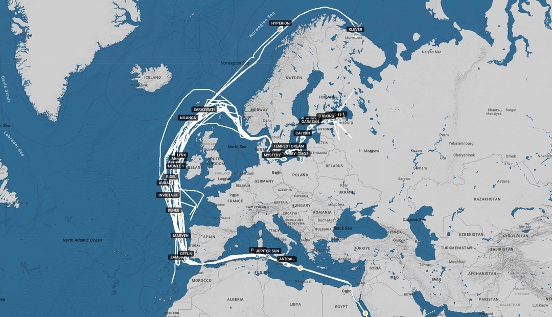 Map of vessels that chose to bypass the UK via the Atlantic from June 14 to June 26, 2026