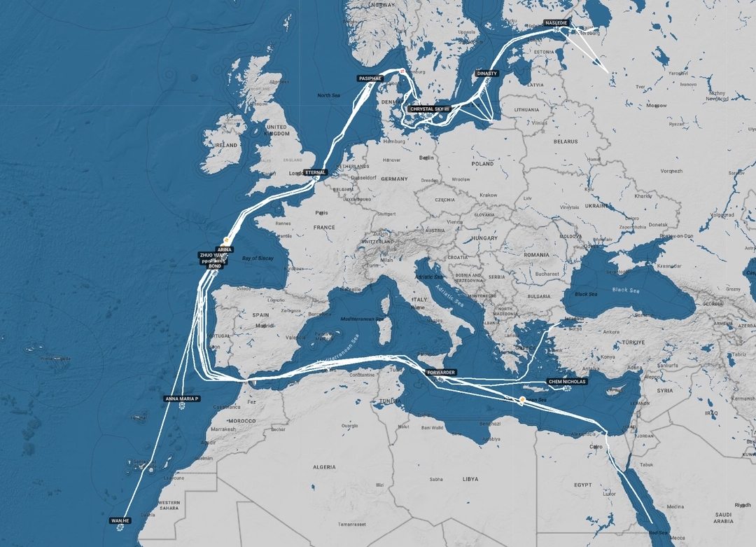 Map of “shadow fleet” vessel movements through the English Channel from June 14 to June 26, 2026