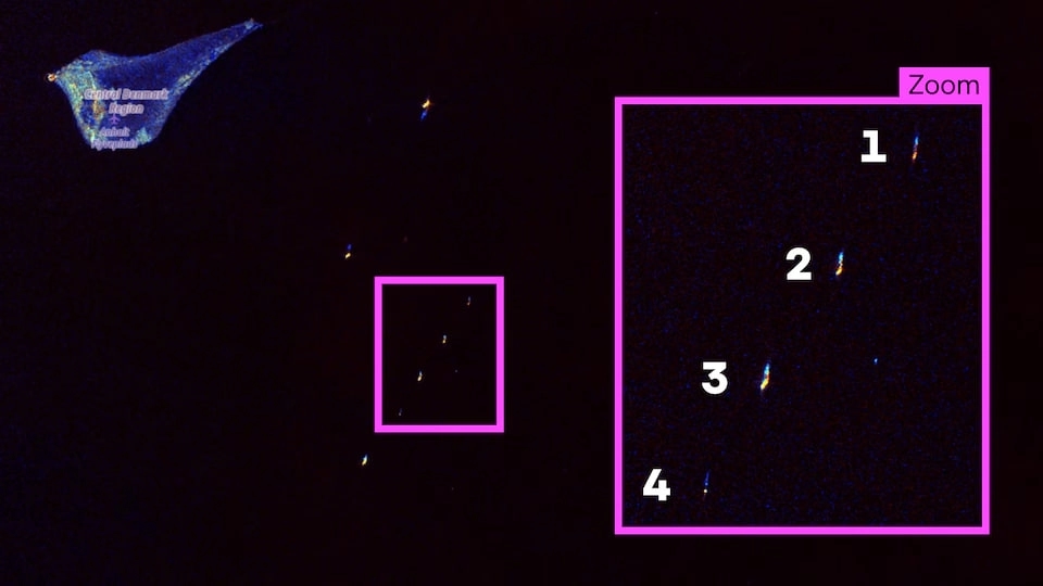 This satellite image marks the Graceful (1), the Voevoda patrol boat (2), a Russian destroyer (3) and a Danish patrol boat (4)
