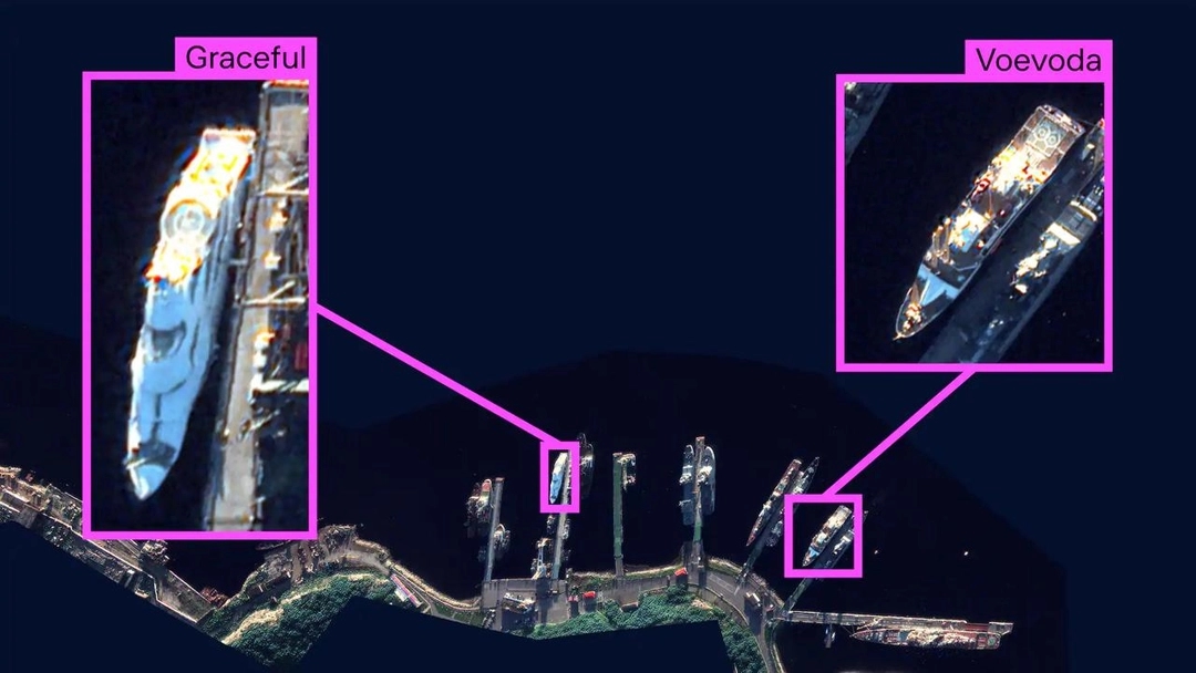 A satellite photo of Severomorsk taken on July 5 shows Putin’s yacht, the Graceful, and another vessel, most likely the support ship Voevoda