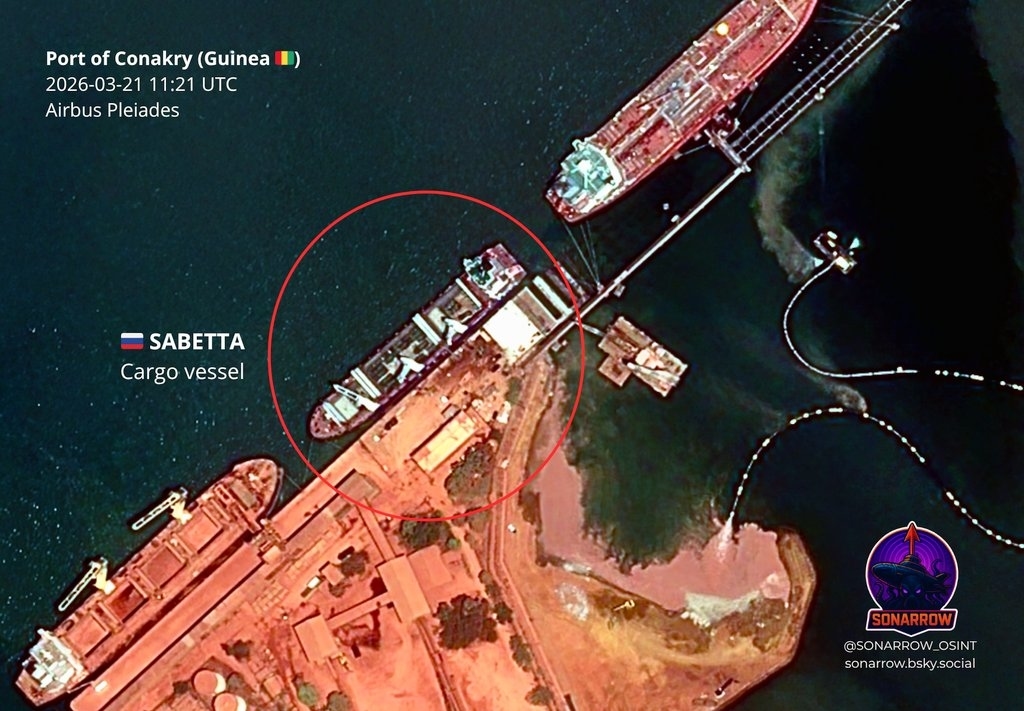 Military vehicles on the cargo vessel SABETTA, which arrived in Conakry (Guinea)
