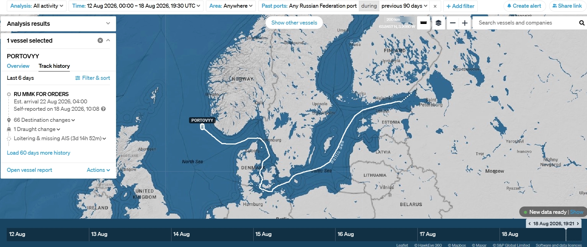The Portovyy's route and position as of the evening of Aug. 18, 2026