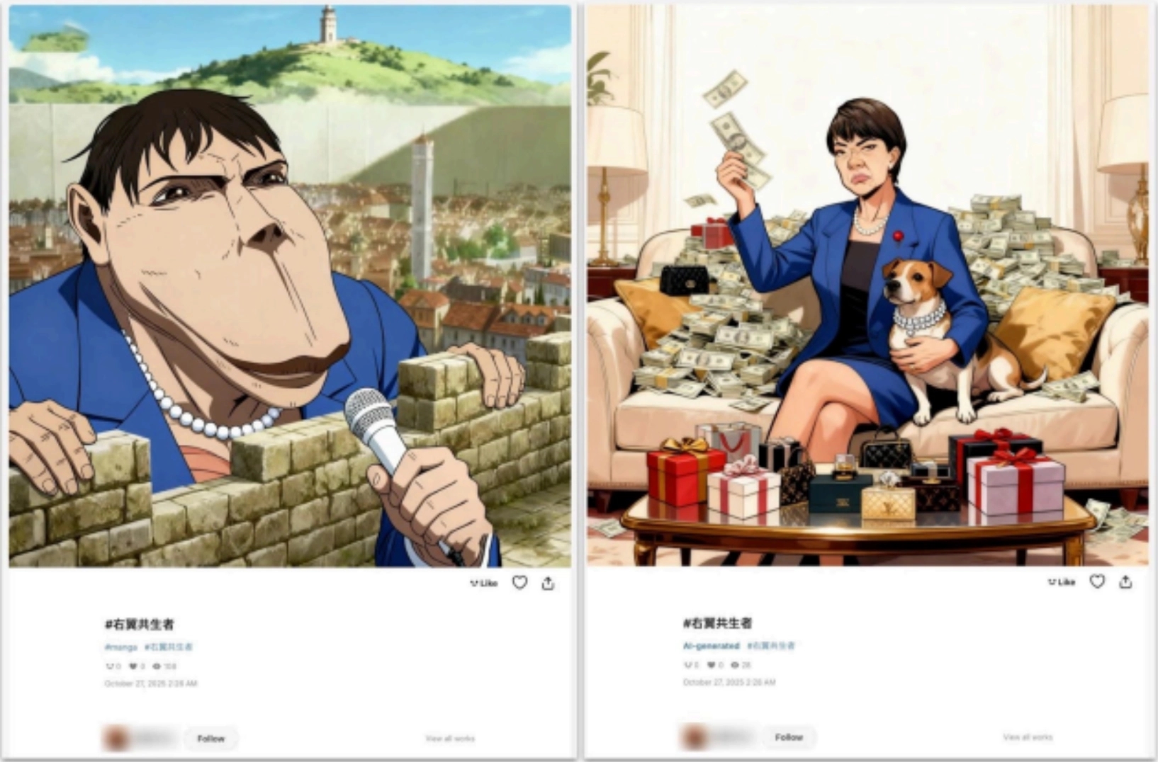 Memes mocking Prime Minister Takaichi were uploaded to Pixiv by an account whose posts all appeared on Oct. 27, 2025, under the operation’s hashtag